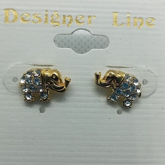 NWT Designer Line Gold Rhinestone Elephant Earring - Picture 2 of 2